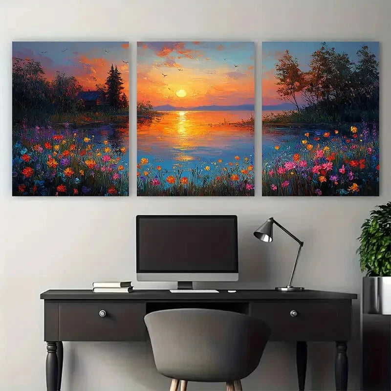 3pcs Riverside Sunset Textures of Flowers Trees Metal Print Ready to Hang Art
