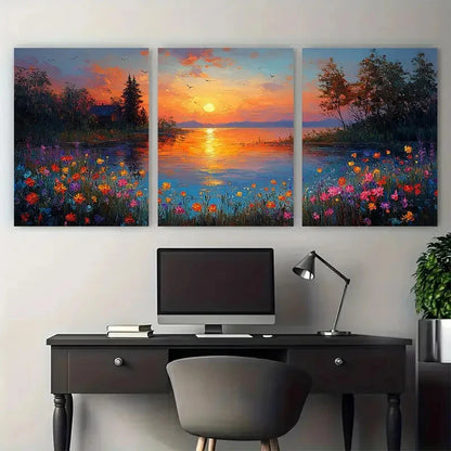 3pcs Riverside Sunset Textures of Flowers Trees Metal Print Ready to Hang Art