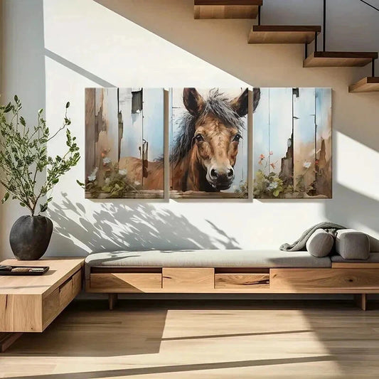 3pcs Rustic Fence Flowers & Horse Landscape Wall Art Set Canvas Framed 40x60cm - High Quality Print 100% Australian Made Wall Canvas Ready to Hang
