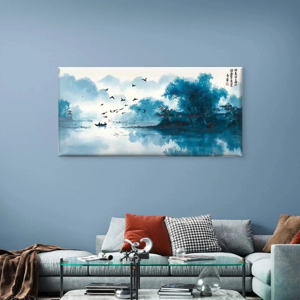 Landscape with Rowboat & Birds Wall Art Canvas Office Home Room Framed 120x60cm