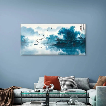 Landscape with Rowboat & Birds Wall Art Canvas Office Home Room Framed 120x60cm