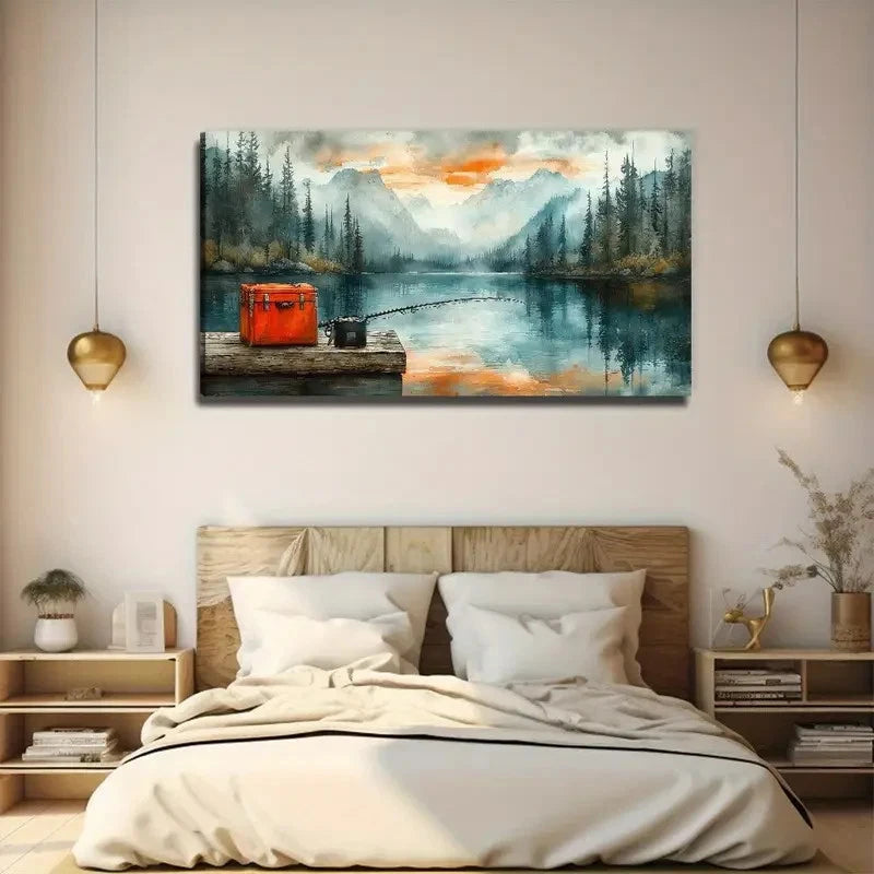 Lake Fishing Aesthetic Wall Art Canvas Office Home Room Framed 120x60cm