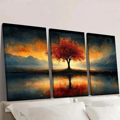 3pcs Vibrant Autumn Leaves & Mountain Reflection Wall Art Set Canvas Framed 60x90cm - High Quality Print 100% Australian Made Wall Canvas Ready to Hang