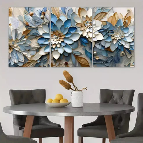 3pcs Blue White & Gold Abstract Flower Canvas Framed  60x90cm - High Quality Print 100% Australian Made Wall Canvas Ready to Hang - Bella Home Decor