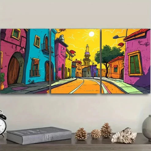 3pcs Cartoon Town Wall Art Set Canvas Unframed – High Quality Print 100% Australian Made Wall Canvas