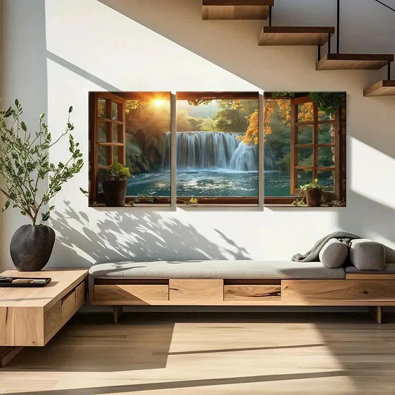 3pcs Waterfall Sunlight Autumn Trees Natural Metal Print Ready to Hang Art - Bella Home Decor