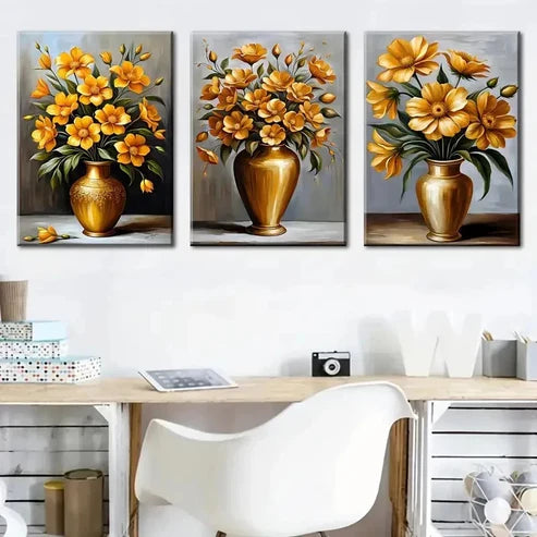 3pcs Vibrant Potted Floral Golden Vase Wall Art Set Canvas Unframed - High Quality Print 100% Australian Made Wall Canvas