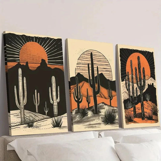 3pcs Desert Cactus Sunset Wall Art Set Canvas Framed 40x60cm - High Quality Print 100% Australian Made Wall Canvas Ready to Hang