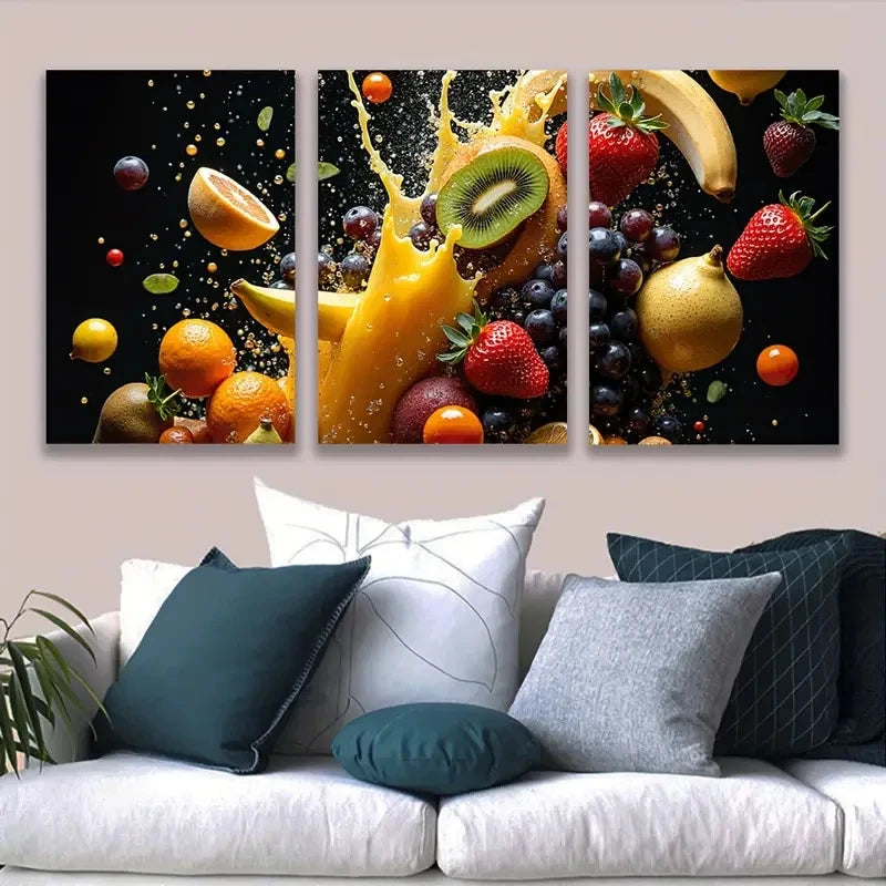 3pcs Fruit Splash Abstract Wall Art Set Canvas Framed 50x70cm - High Quality Print 100% Australian Made Wall Canvas Ready to Hang - Bella Home Decor