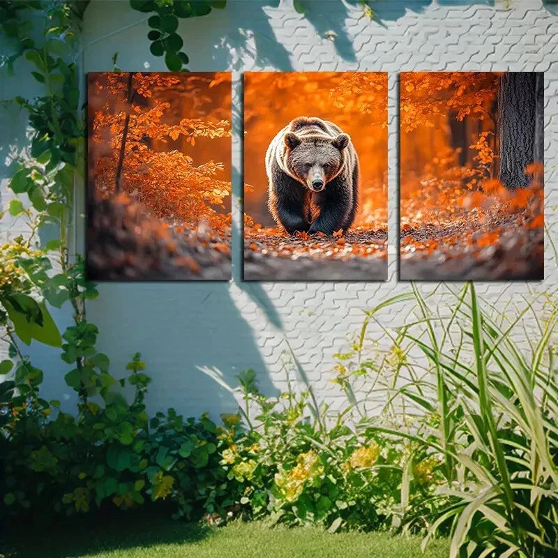 3pcs Bear in Fallen Leaves Autumn Scene Metal Print Ready to Hang Art - Bella Home Decor