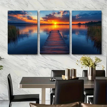 3pcs Serene Lakeside Jetty At Sunset Perfect Wall Art Set Canvas Framed 60x90cm - High Quality Print 100% Australian Made Wall Canvas Ready to Hang