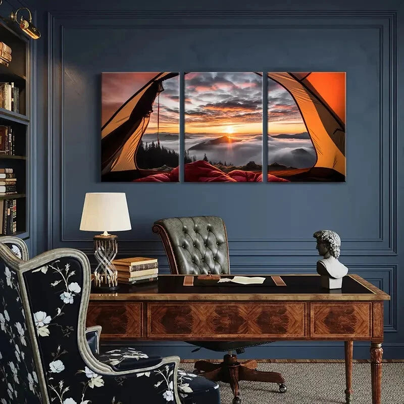 3pcs Tent View Mountain Range Painting Metal Print Ready to Hang Art - Bella Home Decor