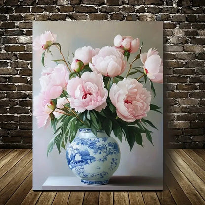 Pink Peonies in Blue & White Porcelain Vase Painting 40x60cm Metal Print Ready to Hang - Bella Home Decor