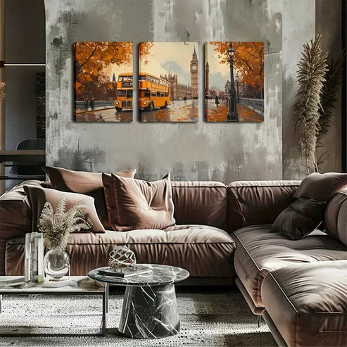 3pcs Cityscape with Yellow Double-Decker Buses Wall Art Set Canvas Unframed - High Quality Print 100% Australian Made Wall Canvas - Bella Home Decor