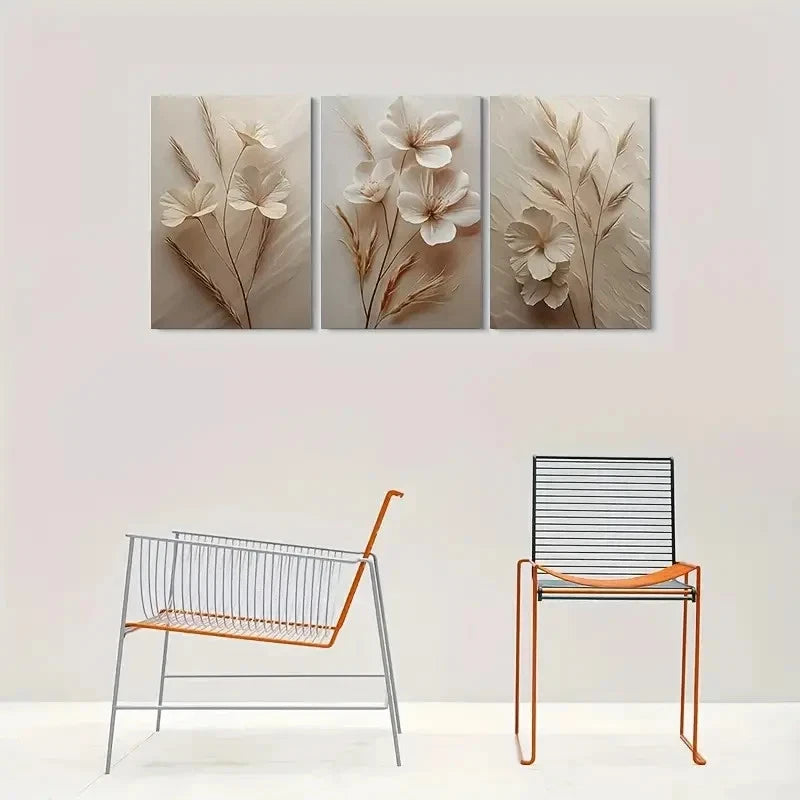 3pcs Beige White Flowers with Stems and Leaves Wall Art Set Canvas Framed 40x60cm - High Quality Print 100% Australian Made Wall Canvas Ready to Hang - Bella Home Decor