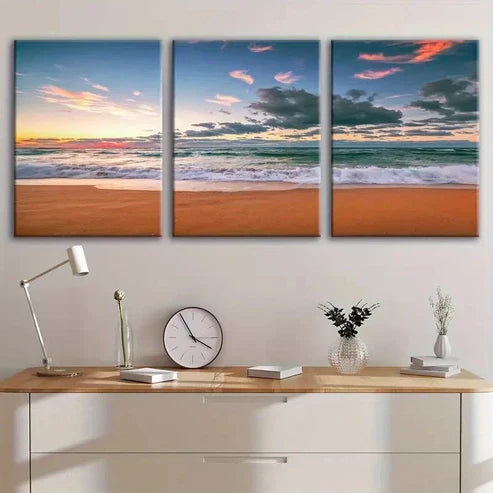 3pcs Sunset Sunrise Beach Waves Coastal Wall Art Set Canvas Unframed - High Quality Print 100% Australian Made Wall Canvas