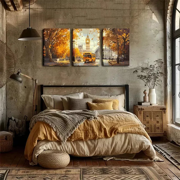 3pcs Refreshing, Autumn In London, Bus Wall Art Set Canvas Framed 60x90cm - High Quality Print 100% Australian Made Wall Canvas Ready to Hang - Bella Home Decor