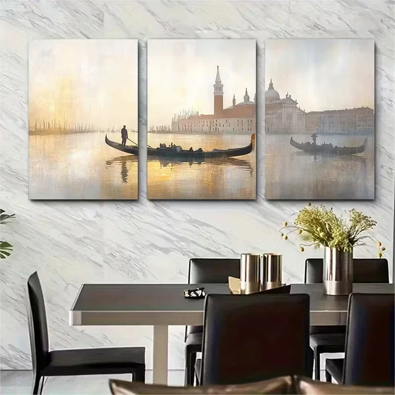3pcs Misty Morning Scene with Gondolas Metal Print Ready to Hang Art