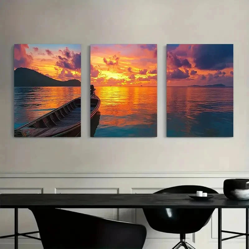 3pcs Sunset Golden Light on Distant Shore Metal Print Ready to Hang Art - Bella Home Decor