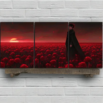3pcs Floral Girl Red Flower Field Metal Print Ready to Hang Art - Bella Home Decor