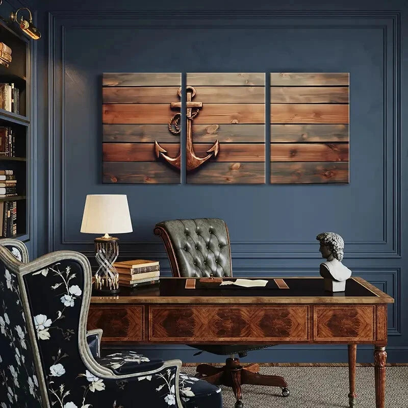 3pcs Coastal Nautical Anchor Wooden Metal Print Ready to Hang Art - Bella Home Decor