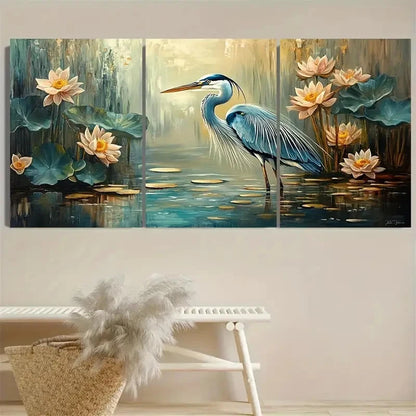 3pcs Tranquil Blue Heron & Lotus Flowers Wall Art Set Canvas Framed 60x90cm - High Quality Print 100% Australian Made Wall Canvas Ready to Hang - Bella Home Decor