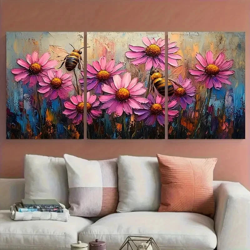 3pcs Pink Daisy Coneflower with Bee Impasto Design Metal Print Ready to Hang Art - Bella Home Decor