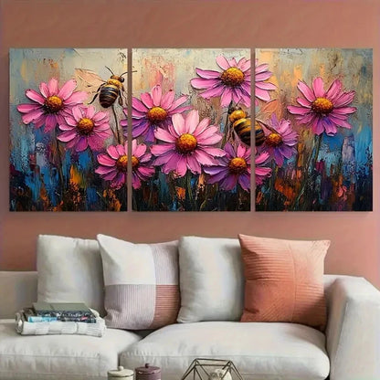 3pcs Pink Daisy Coneflower with Bee Impasto Design Metal Print Ready to Hang Art - Bella Home Decor