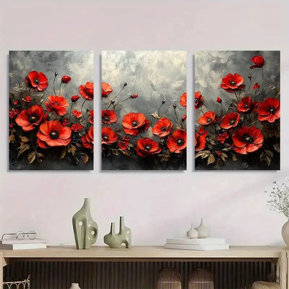 3pcs Red Poppies And Roses On A Gray Background Metal Print Ready to Hang Art - Bella Home Decor