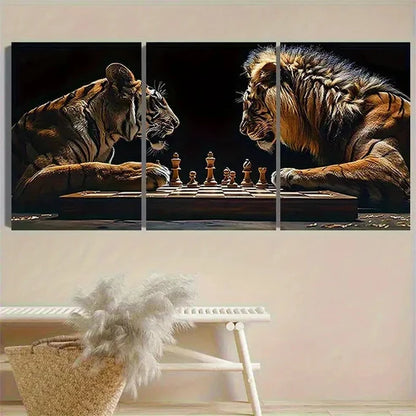 3pcs Majestic Tigers Chess Game Wall Art Set Canvas Unframed - High Quality Print 100% Australian Made Wall Canvas - Bella Home Decor