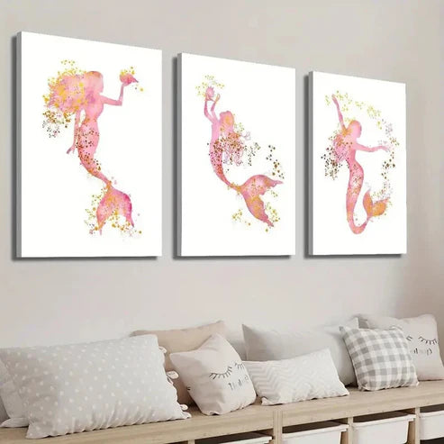 3pcs Pink and Golden Mermaid Wall Art Set Canvas Unframed - High Quality Print 100% Australian Made Wall Canvas