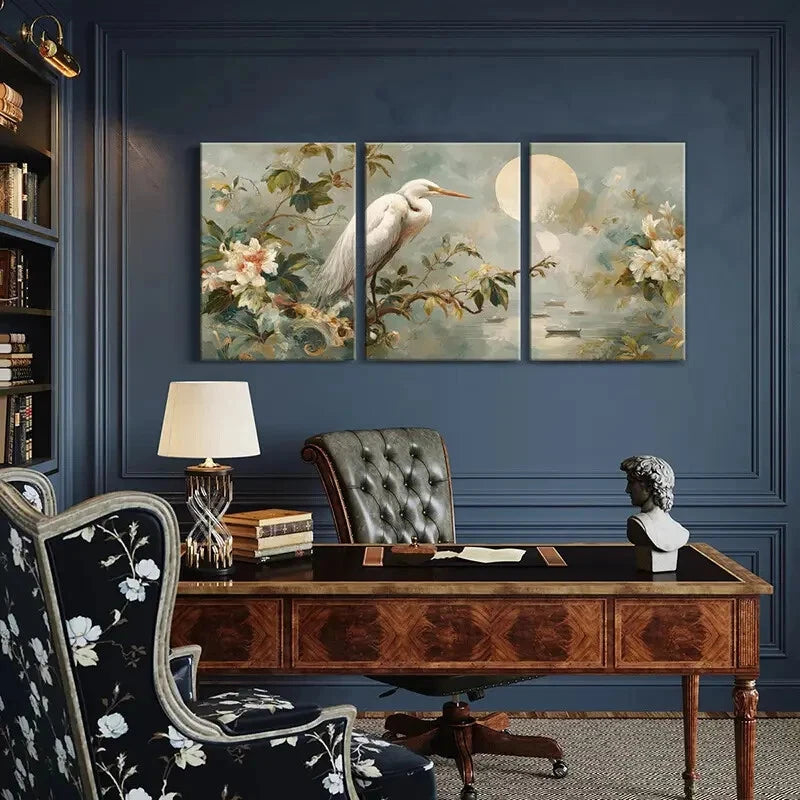 3pcs Elegant White Heron & Floral Moonlit Metal Print Ready to Hang Art - Bella Home Decor