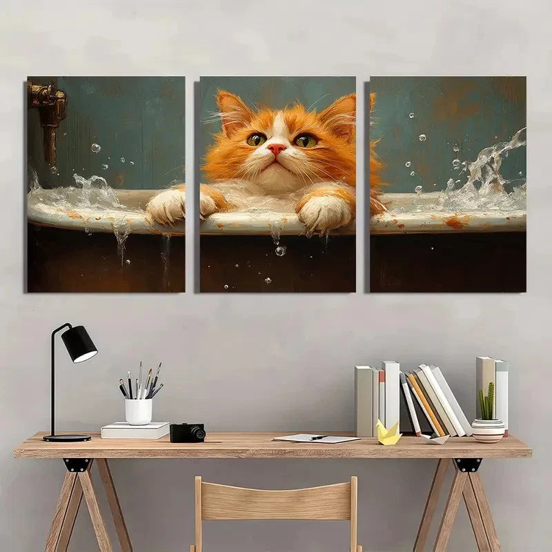 3pcs Funny Orange Kitten in Bathtub Wall Art Set Canvas Framed 40x60cm - High Quality Print 100% Australian Made Wall Canvas Ready to Hang - Bella Home Decor