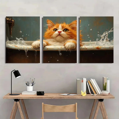3pcs Funny Orange Kitten in Bathtub Wall Art Set Canvas Framed 40x60cm - High Quality Print 100% Australian Made Wall Canvas Ready to Hang - Bella Home Decor