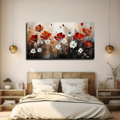 Vibrant Red & White Floral Wall Art canvas office home room framed 120x60cm - Bella Home Decor
