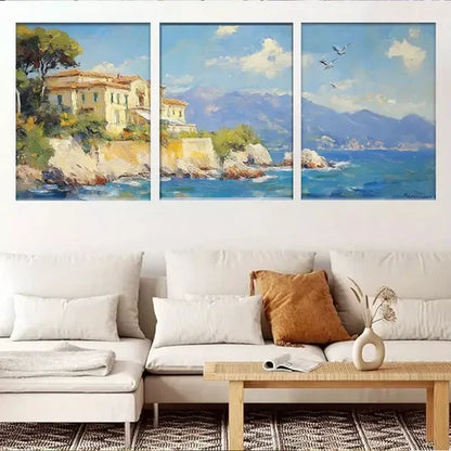 3pcs Modern Mediterranean Coastal Villa Wall Art Set Wall Art Canvas Unframed - High Quality Print 100% Australian Made Wall Canvas