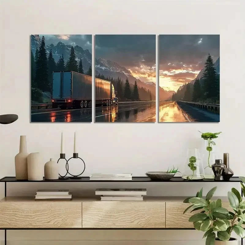 3pcs Semi-Truck Driving on Highway with Mountains Metal Print Ready to Hang Art