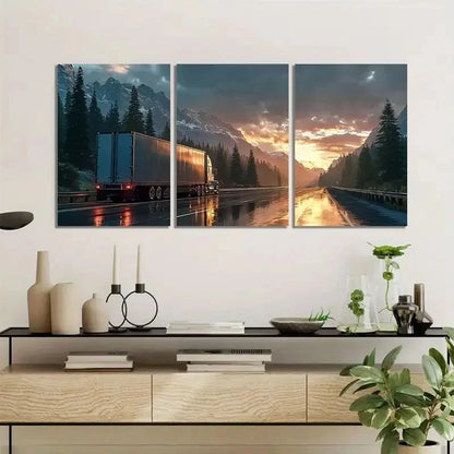 3pcs Semi-Truck Driving on Highway with Mountains Metal Print Ready to Hang Art