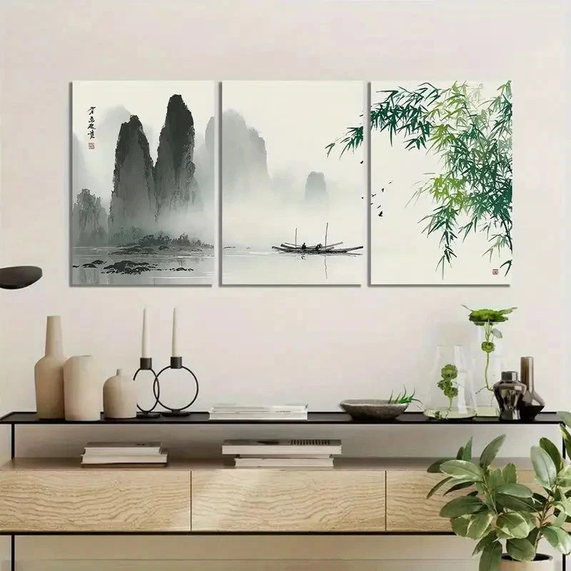3pcs Chinese Ink Painting with Bamboo Leaves Metal Print Ready to Hang Art - Bella Home Decor