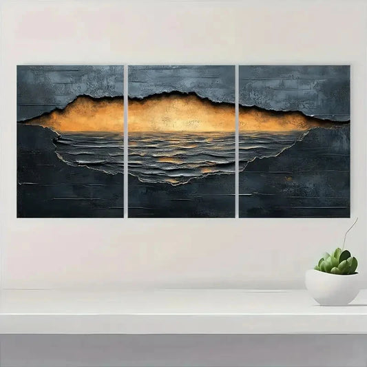 3pcs Beige, Black & Brown Textured Abstract Metal Print Ready to Hang Art