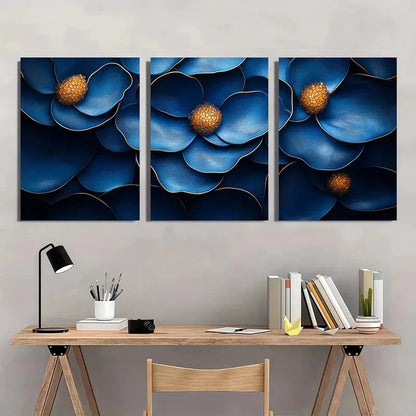 3pcs Design in Indigo & Honeycomb Tones Metal Print Ready to Hang Art - Bella Home Decor
