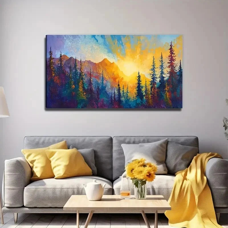 Modern Vibrant Sunset Forest Wall Art Canvas Office Home Room Framed 120x60cm
