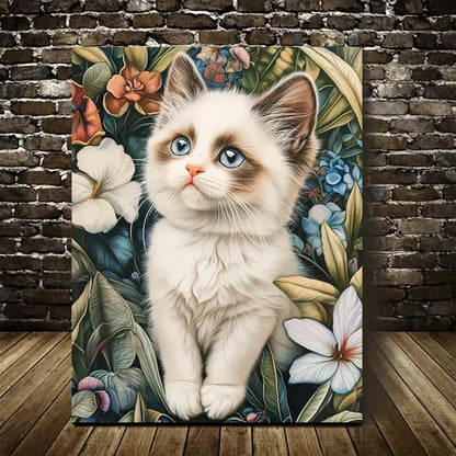 Cute Ragdoll Kitten with Flowers & Plants Painting 40x60cm Metal Print Ready to Hang - Bella Home Decor