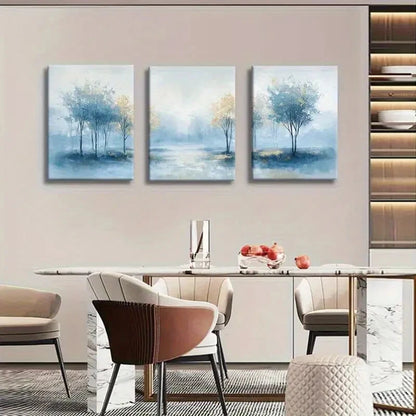 3pcs Serene Blue And Golden Tree Painting Metal Print Ready to Hang Art