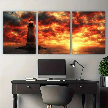 3pcs Weathered Lighthouse Fiery Sky with Seagull Wall Art Set Canvas Unframed - High Quality Print 100% Australian Made Wall Canvas