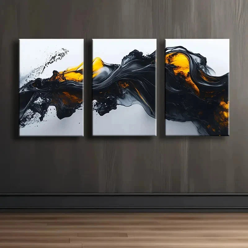 3pcs Black And Yellow Liquid Abstract Wall Art Set Canvas Framed 50x70cm - High Quality Print 100% Australian Made Wall Canvas Ready to Hang - Bella Home Decor