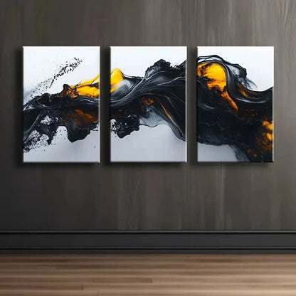 3pcs Black And Yellow Liquid Abstract Wall Art Set Canvas Framed 50x70cm - High Quality Print 100% Australian Made Wall Canvas Ready to Hang - Bella Home Decor