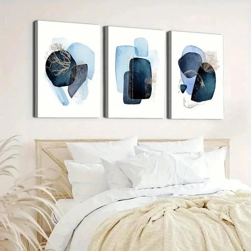 3pcs Black & Blue Abstract Geometric Shapes Art Set Canvas Unframed - High Quality Print 100% Australian Made Wall Canvas - Bella Home Decor