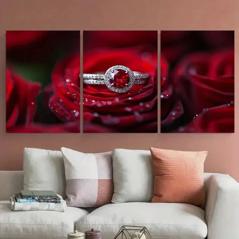 3pcs Red Rose & Wedding Ring with Diamond Metal Print Ready to Hang Art - Bella Home Decor