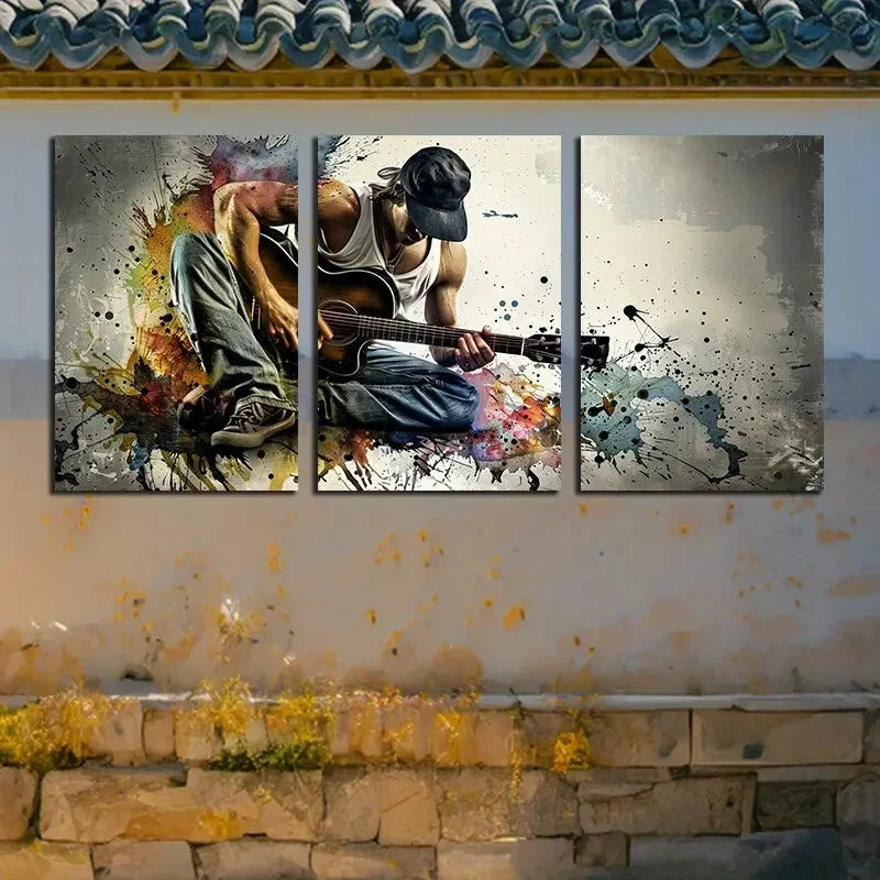 3pcs Guitarist with Color Splashes Metal Print Ready to Hang Art - Bella Home Decor